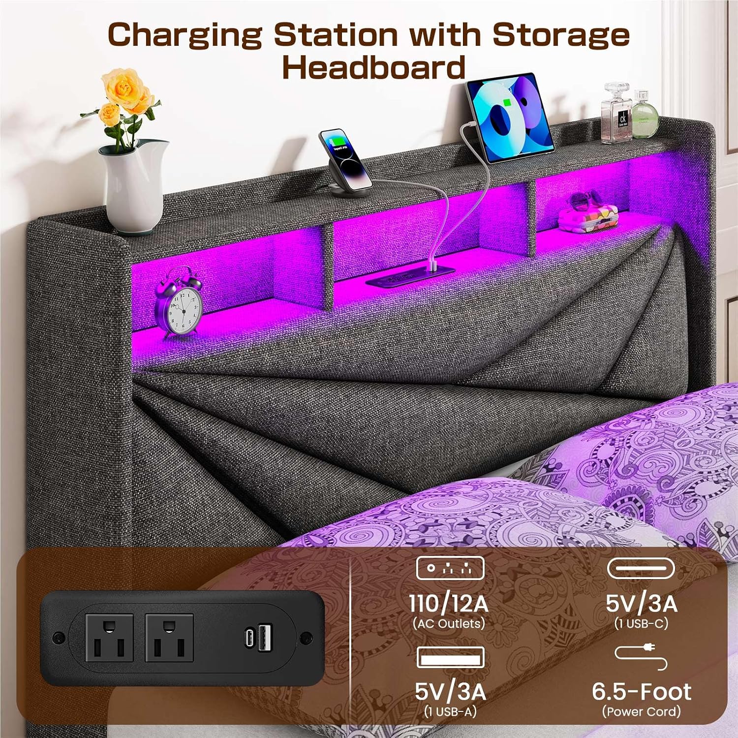 Driftalia LED Full Size Bed Frame with 4 Storage Drawers, Upholstered Full Bed Frame with 2-Tier Headboard and Charging Station, No Box Spring Needed, Easy to Assembly - Dark Grey