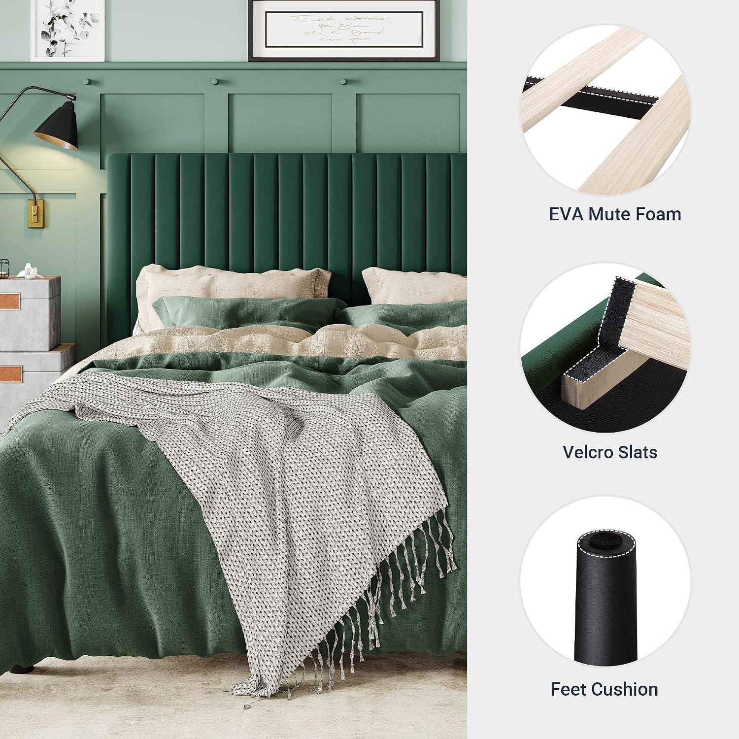Allewie Full Bed Frame, Velvet Upholstered Platform Bed with Adjustable Vertical Channel Tufted Headboard, Mattress Foundation with Strong Wooden Slats, Box Spring Optional, Easy Assembly, Green