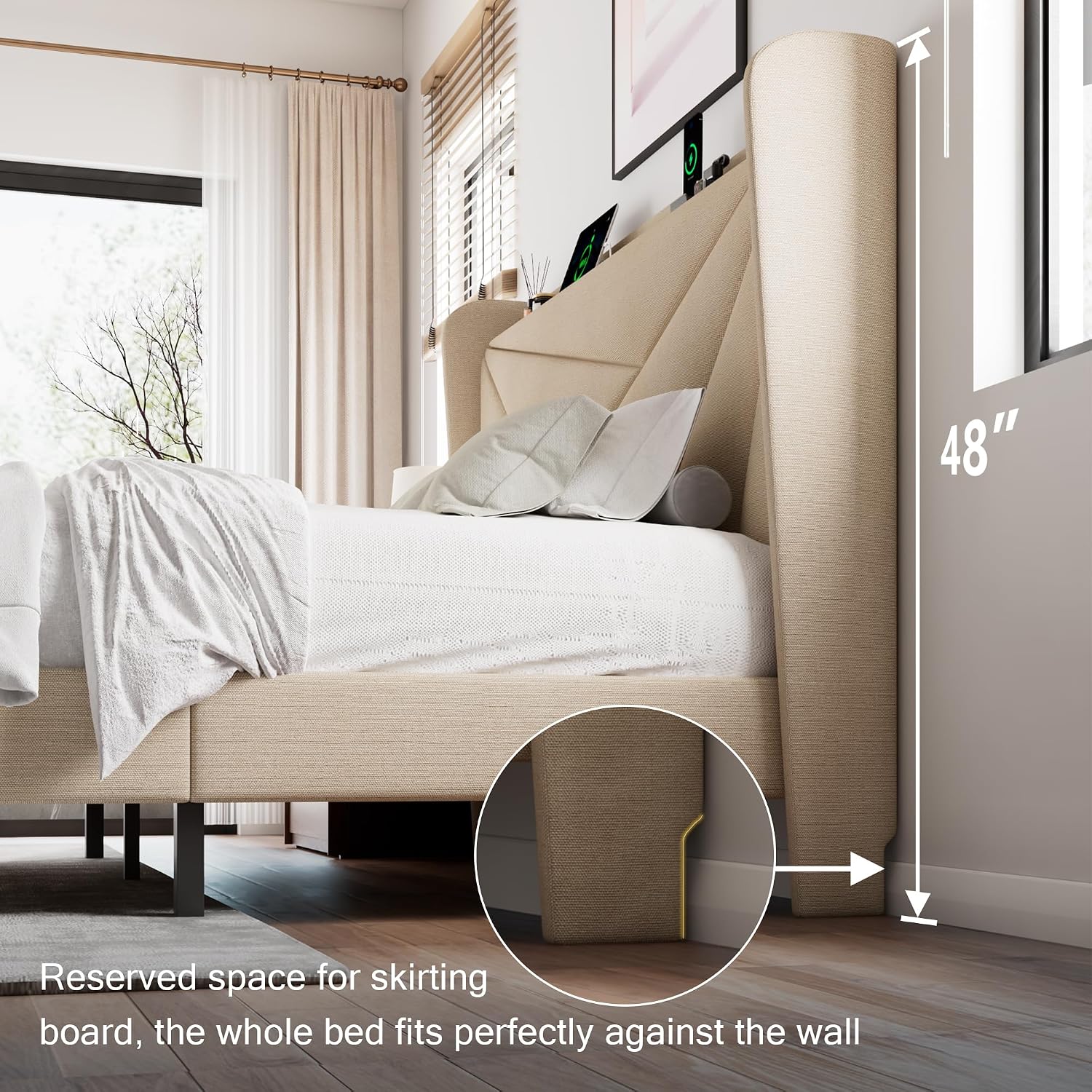 Einhomn Full Size Upholstered Bed Frame with Charging Station, Platform Bed Frame with Storage Headboard, Solid Wood Slats Support, No Box Spring Needed, Beige