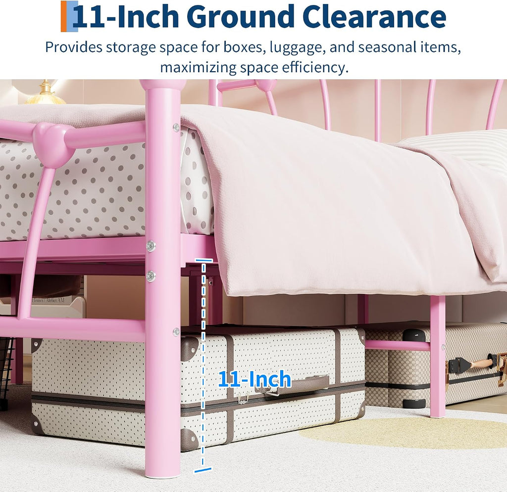 GarveeHome Full Size Bed Frame, Heart Shaped Metal Bed Frame with Headboard and Footboard, Platform Bed Frame with Sturdy Slat Support, Underbed Storage Space, No Box Spring Needed, Pink