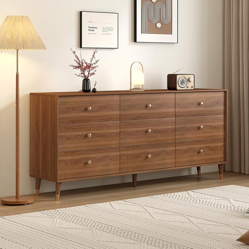 Messenya 9 Drawer Dresser for Bedroom, 63 Inch Walnut Dresser for Closet, Mid Century Wood Chest of Drawers with Natural Texture & Pre-Embedded Slots for TV Stand, Living Room, Hallway, Office