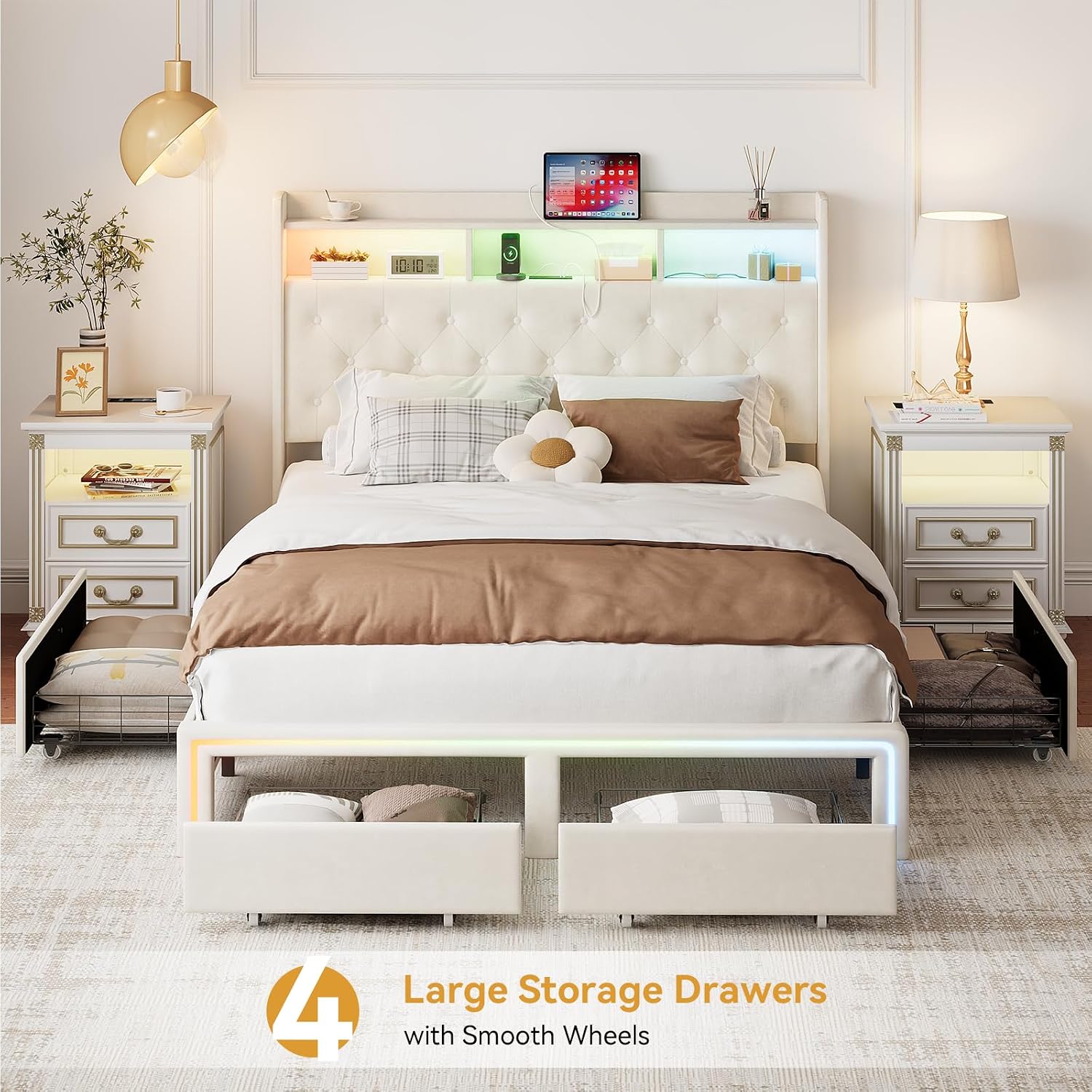 Full LED Bed Frame with Storage Headboard & Charging Station, Velvet Fabric Platform Bed Frames with 4 Drawers, Button Tufted Upholstered, No Box Spring Needed, Noise Free, Beige