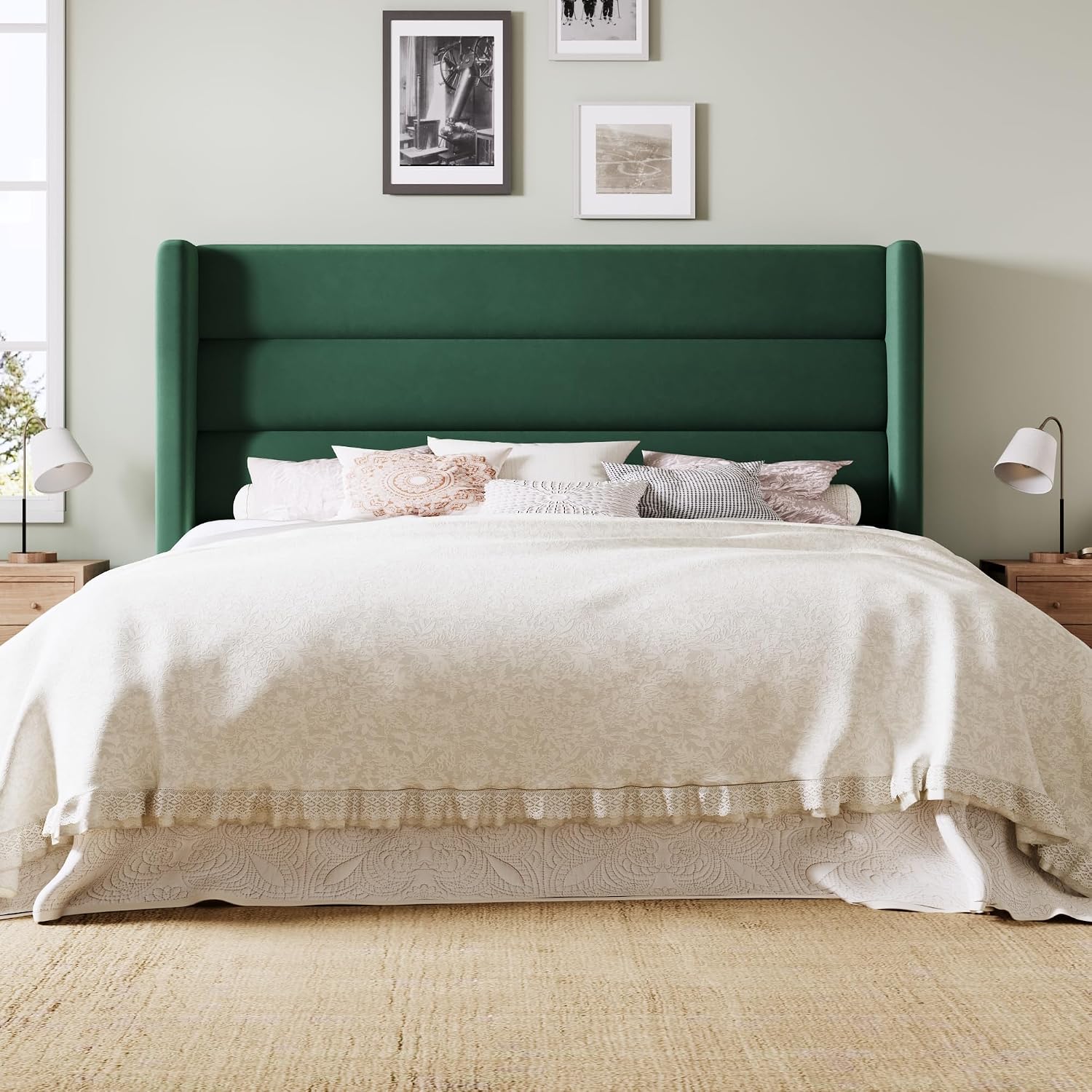 Allewie Full Size Platform Bed Frame with Velvet Upholstered Wingback Headboard, No Box Spring Needed, Under Bed Storage Space, Strong Wooden Slats, Modern Mattress Foundation, Easy Assembly, Green