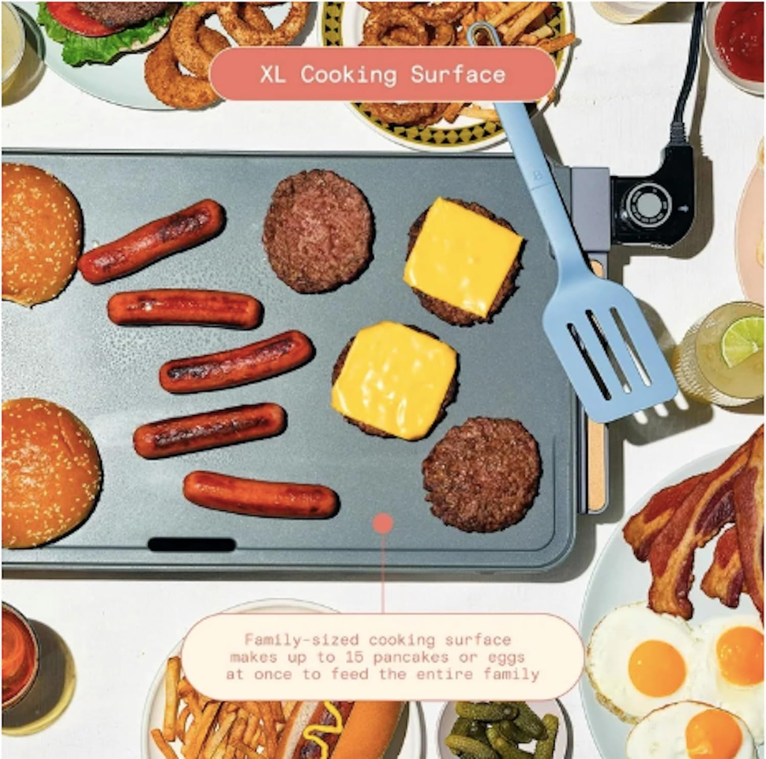 Electric Griddle XL 12' x 22', Nonstick Indoor Countertop Grill, Adjustable Temperature Control, Large Family Size Cooking Surface, Removable Drip Tray (Cornflower Blue)