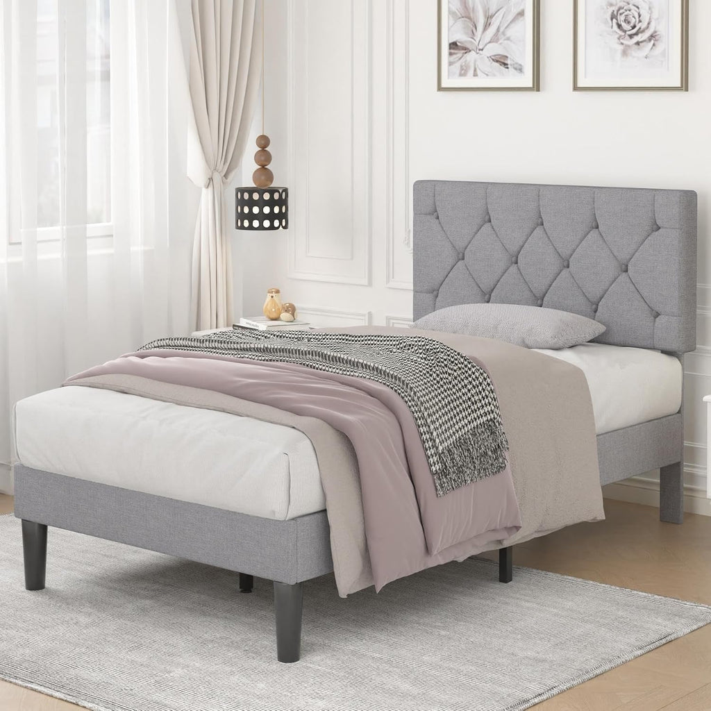 VECELO Twin Bed Frame with Button Tufted Headboard, Upholstered Platform Bedframe with Wood Slat Support, No Box Spring Needed, Dark Grey