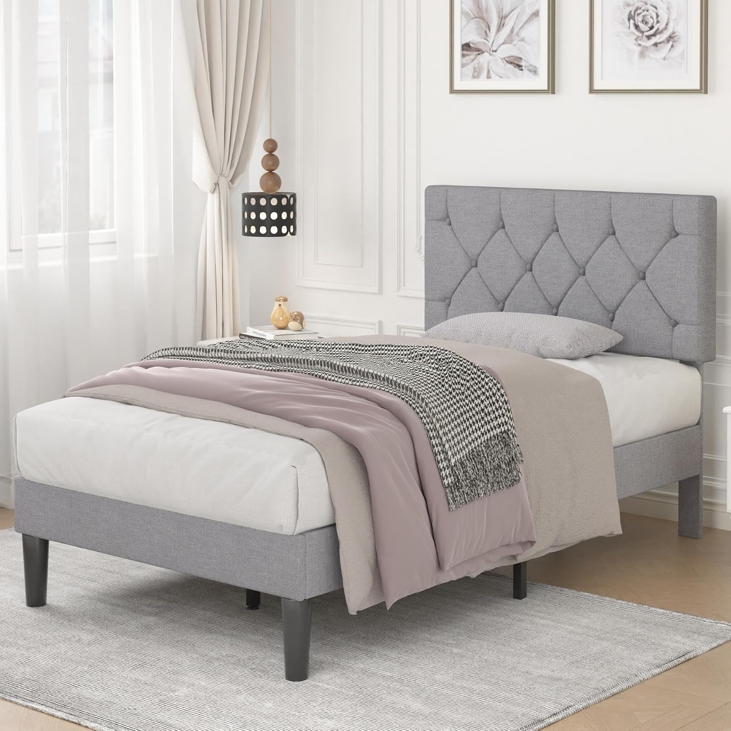 VECELO Twin Bed Frame with Button Tufted Headboard, Upholstered Platform Bedframe with Wood Slat Support, No Box Spring Needed, Dark Grey