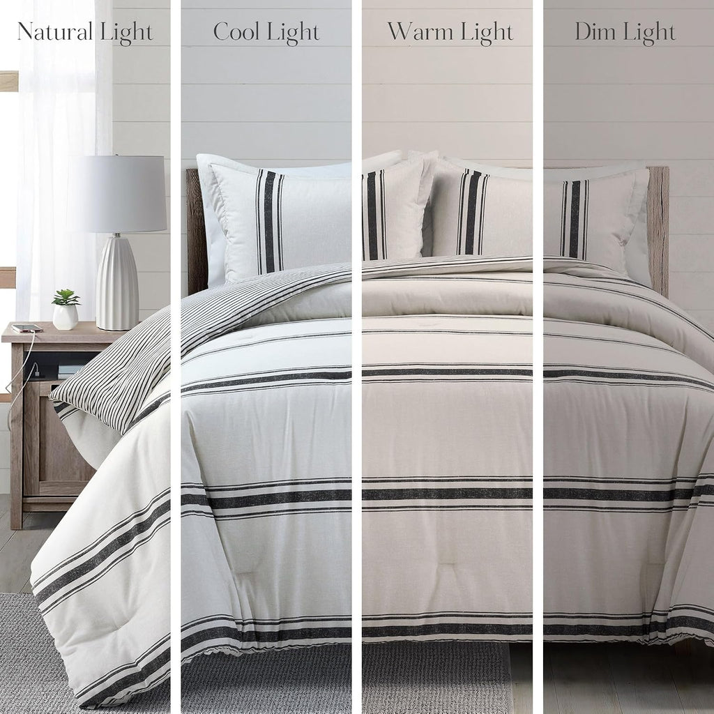 Lush Decor Farmhouse Stripe Reversible Cotton Comforter Set, 3 Piece Set, California King, Black - Cozy Farmhouse Bedding Set - Rustic Decor - Striped Comforter - Modern Farmhouse Bedroom Decor