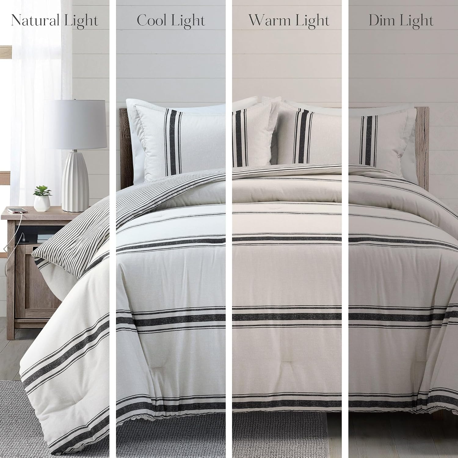 Lush Decor Farmhouse Stripe Reversible Cotton Comforter Set, 3 Piece Set, California King, Black - Cozy Farmhouse Bedding Set - Rustic Decor - Striped Comforter - Modern Farmhouse Bedroom Decor
