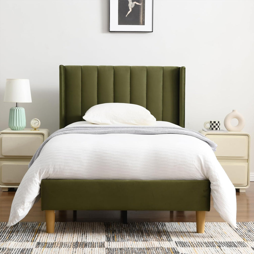 YUHUASHI upholstered Platform Bed Frame/Twin Bed Frame/Modern Geometric Double-Wing Design headboard/Velvet Fabric/Easy to Assemble no Noise (Grass Green, Twin)