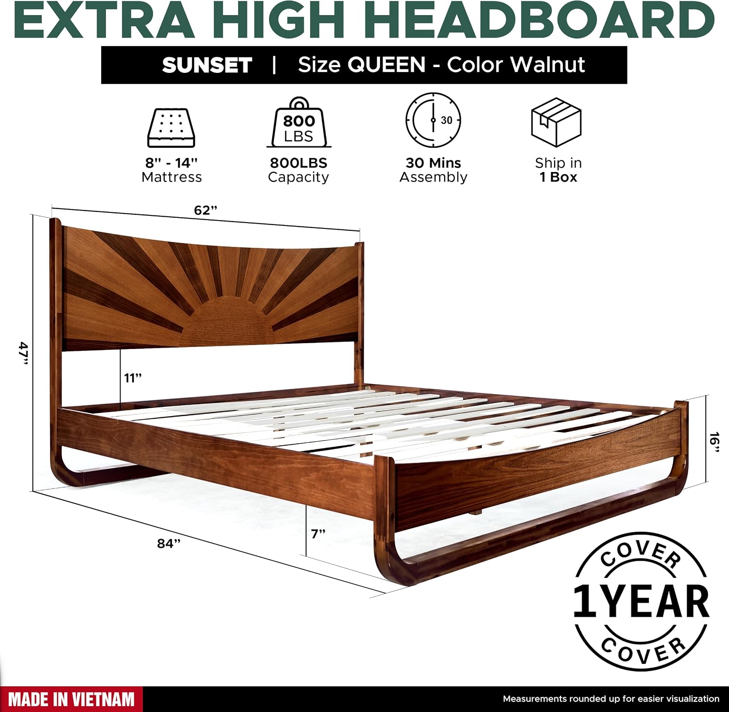 Sunset Deluxe Solid Acacia Wood Queen Size Platform Bed Frame with Tall Headboard, Mid-Century & Art Deco Design, No Box Spring Needed, Strong Wood Slat Support, Easy Assembly, Walnut