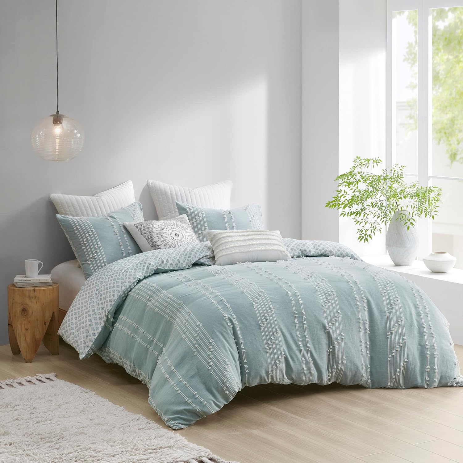 INK+IVY Cotton Duvet Cover Queen Size - 100% Cotton Duvet Cover Set, Boho Bedding Set for All Seasons Farmhouse Bedding Duvet & Sets with 2 Pillowcase, Jacquard Stripes, Aqua 3 Piece Full/Queen