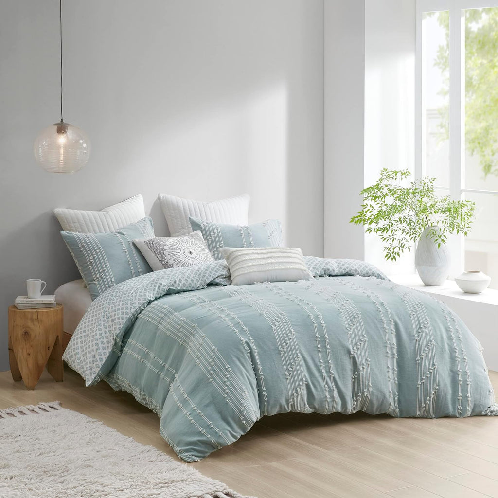 INK+IVY Kara 100% Cotton Duvet Mid Century Modern Design, All Season Comforter Cover Bedding Set, Matching Shams, King/Cal King, Jacquard Stripes Aqua 3 Piece