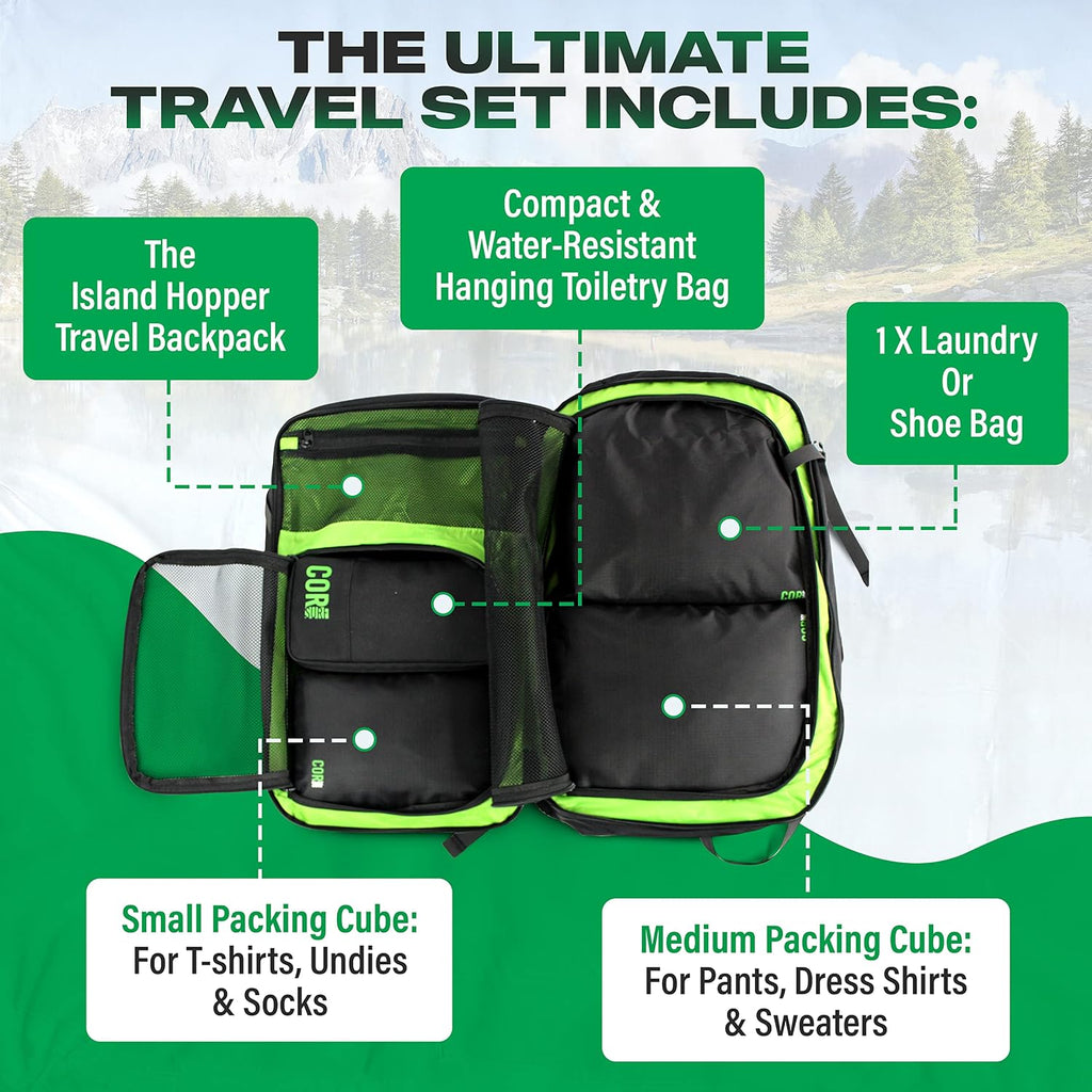 COR Surf Carry On Travel Backpack Bundle | Island Hopper Travel Backpack with Toiletry Bag and Compression Packing Cube Set