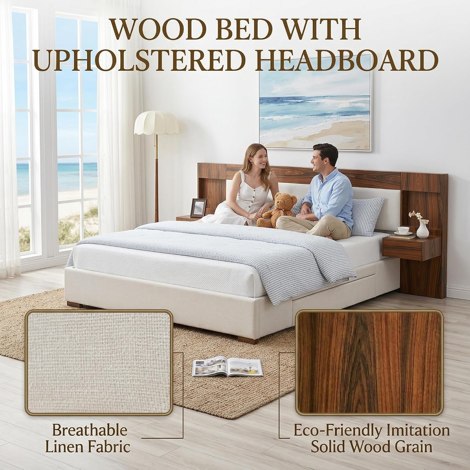 King Size Wood Bed Frame with Built-in Nightstands, Linen Platform Bed Frame with 2 Drawers, Natural Wood Grain & Luxury Upholstered Storage Headboard, No Box Spring Needed, Easy Assembly, Cream