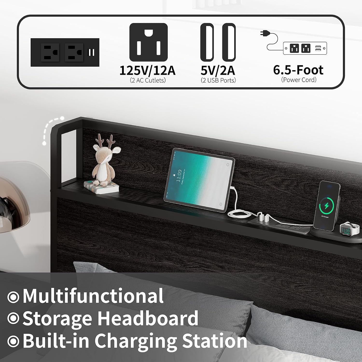 LUXOAK 3 Pieces Bedroom Sets, Includes Queen Size Lift Up Storage Bed with Storage Headboard & Charging Station, 2 Drawers Farmhouse Nightstand Set of 2 with Charging Station, Black