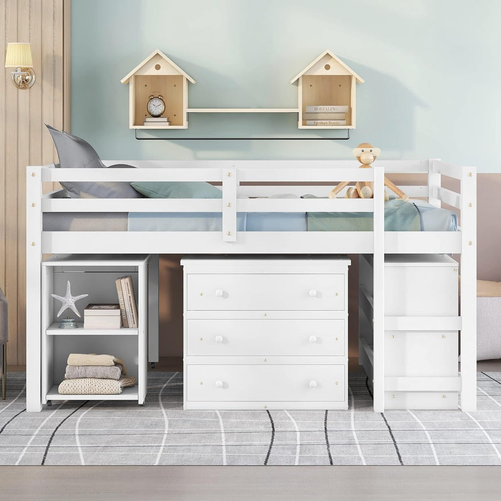 Harper & Bright Designs Full Size Low Loft Bed with Rolling Portable Desk and Storage, Solid Wood Low Loft Bed with Cabinet, Shelves, Multiple Functions Loft Bed Frame for Kids Teens Adults (White)
