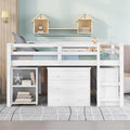 Harper & Bright Designs Full Size Low Loft Bed with Rolling Portable Desk and Storage, Solid Wood Low Loft Bed with Cabinet, Shelves, Multiple Functions Loft Bed Frame for Kids Teens Adults (White)