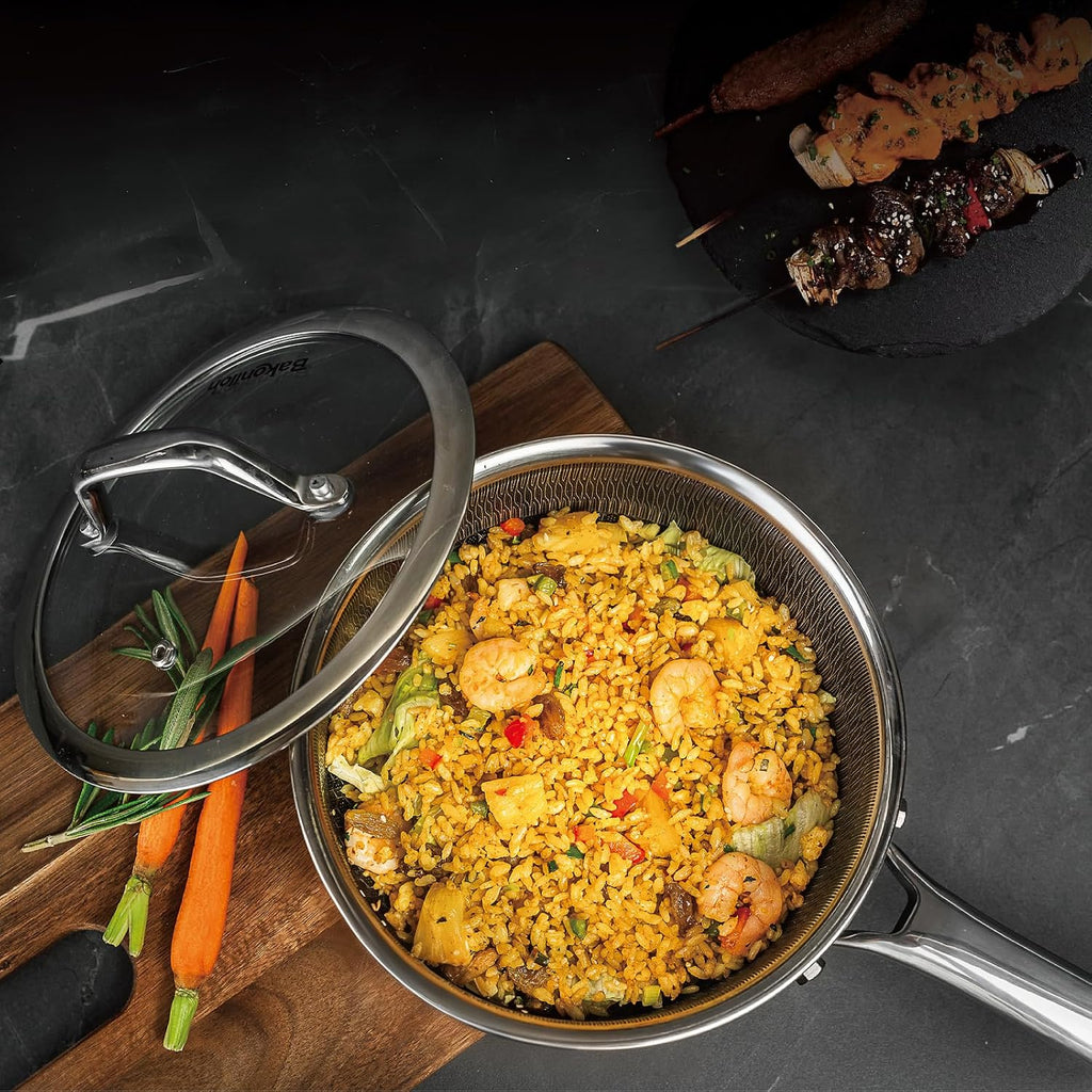 Hybrid Nonstick Saucepan Set of 2 with Lids 1.5 QT and 3 QT, Stainless Steel Honeycomb Pans with Side Pour Spouts,Compatible with All Cooktops,Dishwasher and Oven Safe