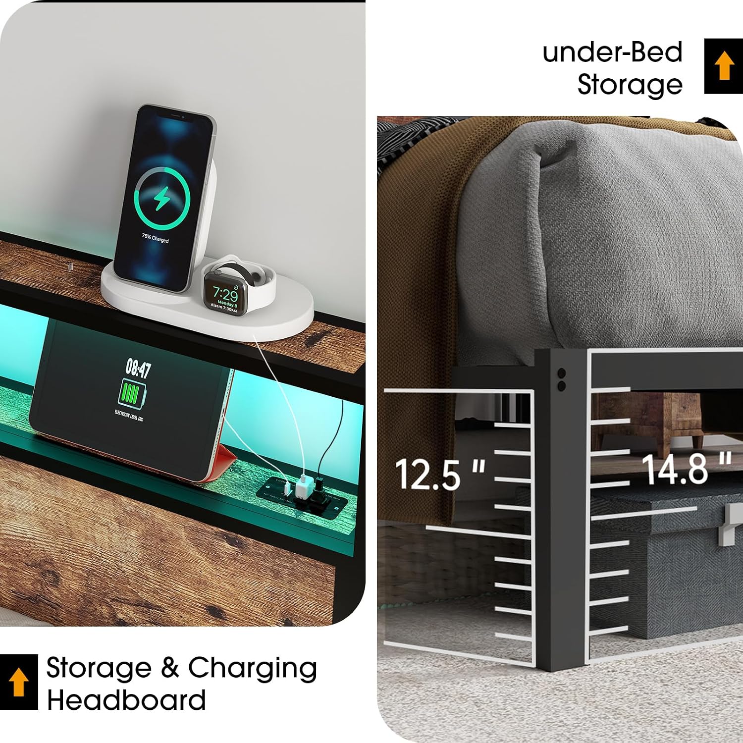 King Size Bed Frame with Headboard, Metal Platform Bed Frame with LED Lights & Charging Station, Under Bed Storage, Solid and Stable, No Box Spring Needed, Noise Free, Easy Assembly, Vintage Brown