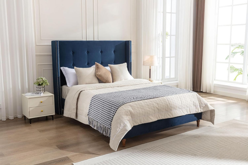 Upholstered Bed Frame, 54' Tall Headboard Wingback Upholstered Platform Bed Frame for Kids Teens Adults Bedroom Strong Wood Slats Support/No Box Spring Needed (Blue, King)