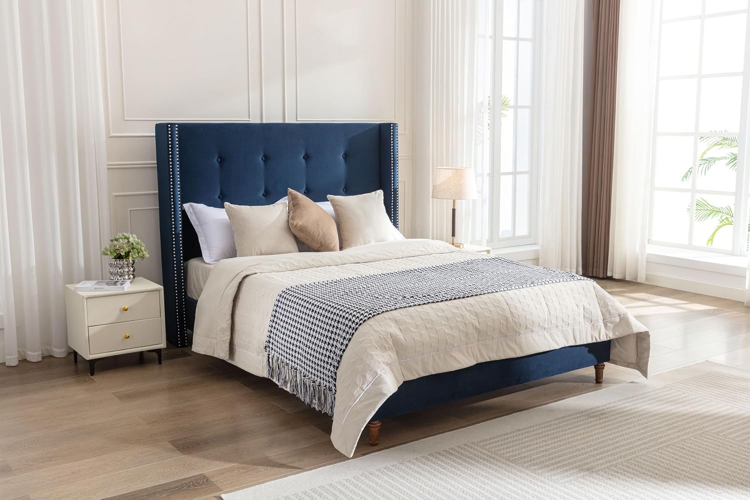 Upholstered Bed Frame, 54' Tall Headboard Wingback Upholstered Platform Bed Frame for Kids Teens Adults Bedroom Strong Wood Slats Support/No Box Spring Needed (Blue, King)