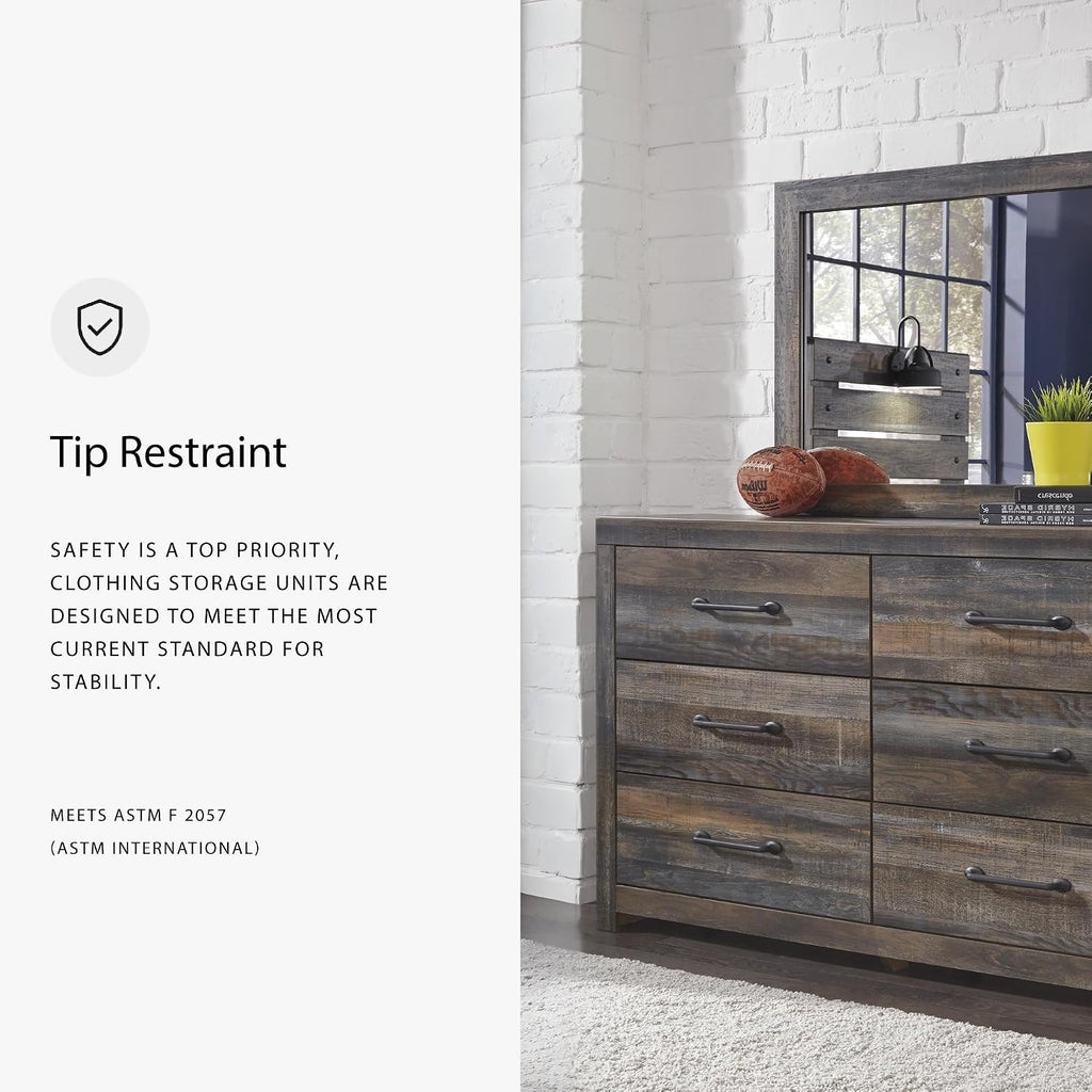 Signature Design by Ashley Drystan Rustic Smooth-Gliding 6-Drawer Dresser and Mirror with Safety Stop, Gray & Dark Brown