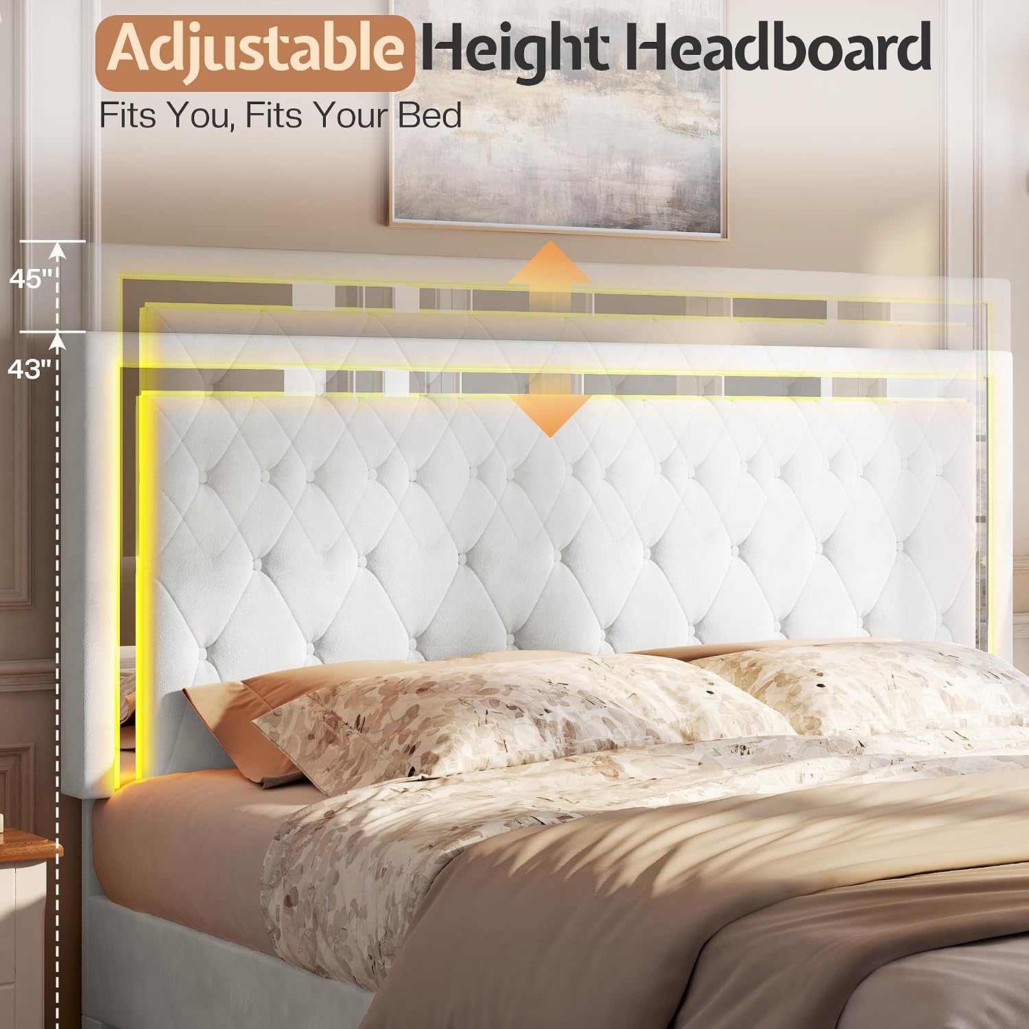 Jocisland Full Bed Frame with LED Lights Headboard&Footboard, Velvet Upholstered Full Size Platform Bed Frame No Box Spring Needed/White