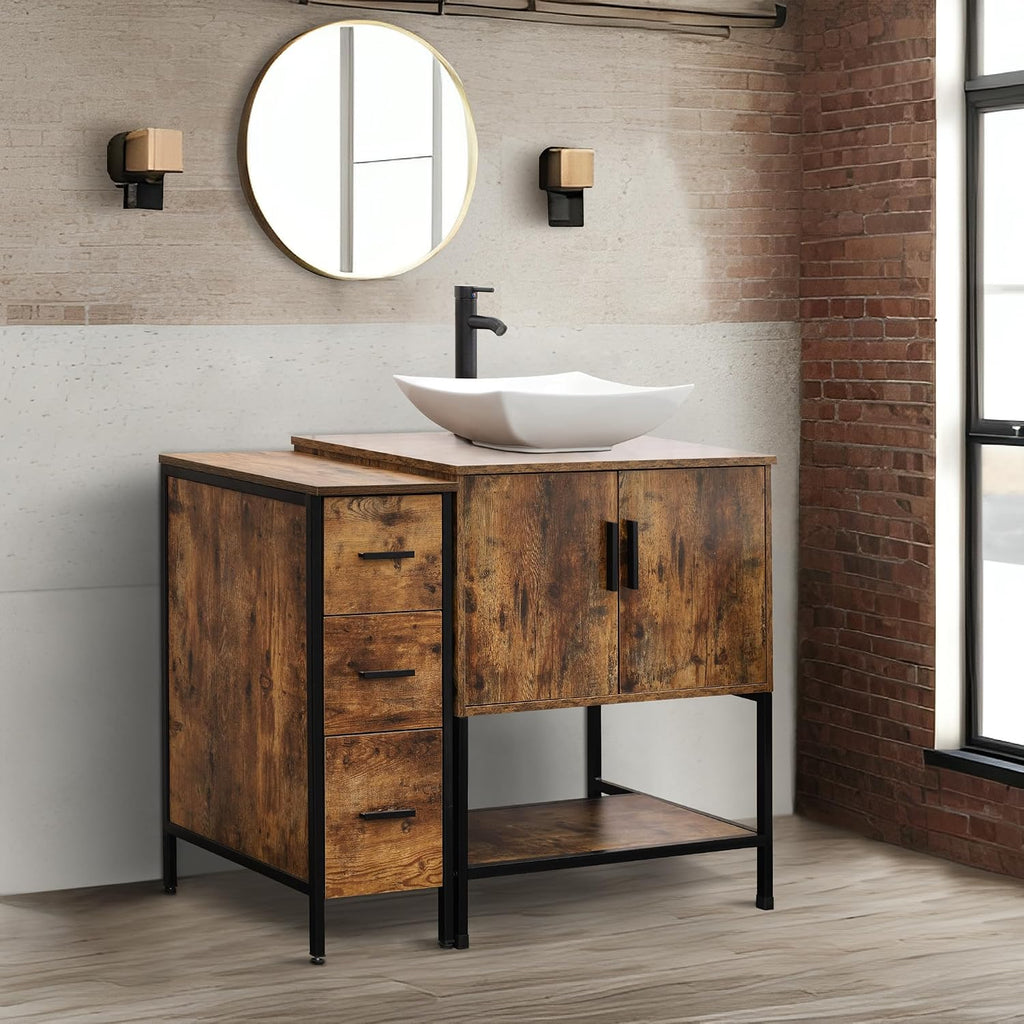 UEV 42' Rustic Brown Bathroom Vanity with Sink Combo,Industrial Iron Frame Bathroom Cabinet Sets with 3 Drawers Side Cabinet,Modern Artistic Ceramic Vessel Sink(032WH)