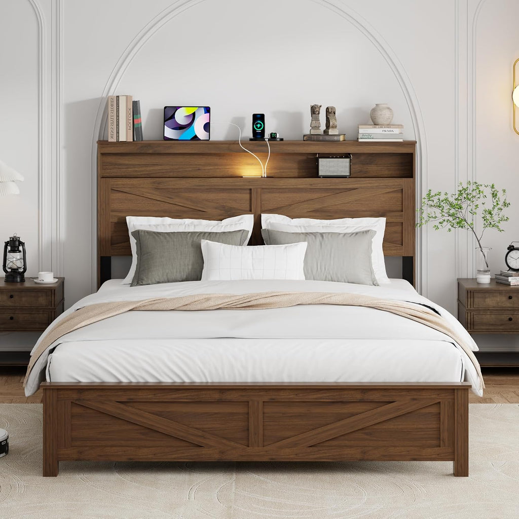 Queen Size Bed Frame with Headboard, Rustic Farmhouse Wood Bed Frame with LED Lights and Charging Station, Easy Assembly, No Box Spring Needed (Dark Brown, Queen)