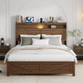 Queen Size Bed Frame with Headboard, Rustic Farmhouse Wood Bed Frame with LED Lights and Charging Station, Easy Assembly, No Box Spring Needed (Dark Brown, Queen)