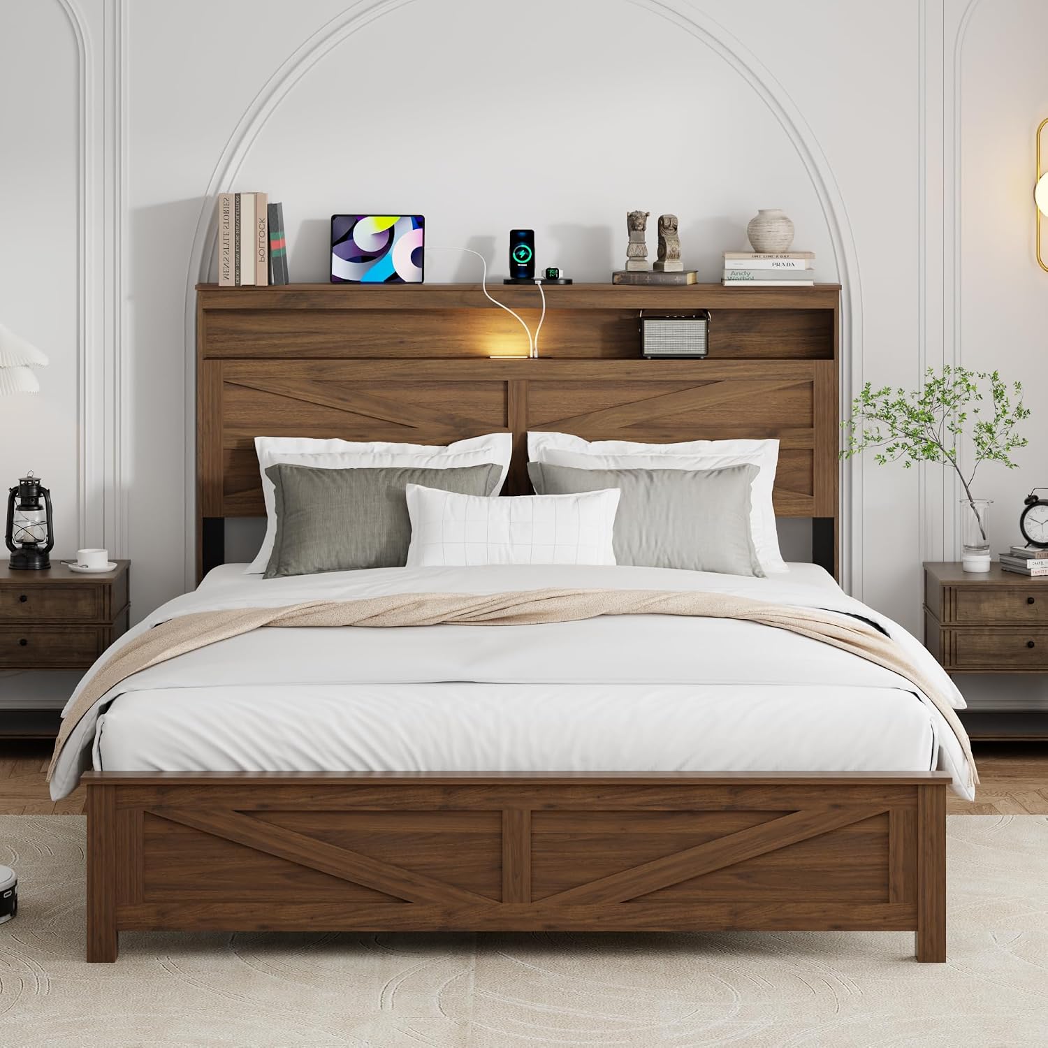 Queen Size Bed Frame with Headboard, Rustic Farmhouse Wood Bed Frame with LED Lights and Charging Station, Easy Assembly, No Box Spring Needed (Dark Brown, Queen)