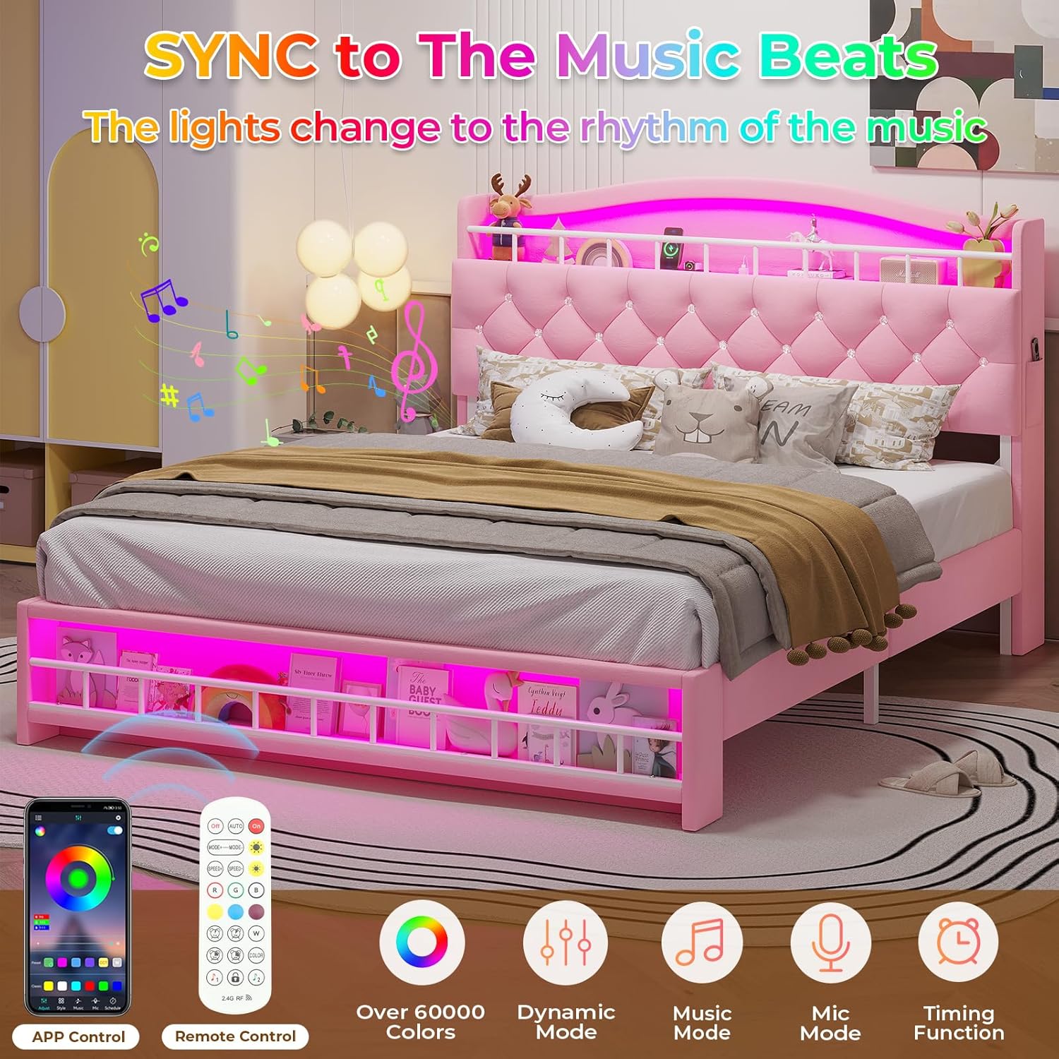 HAUOMS Full Bed Frame with LED Lights, Princess Velvet Upholstered Platform Bed for Girls, Headboard with Charging Station & Guardrail & Crystal Button, No Box Spring Needed, Pink