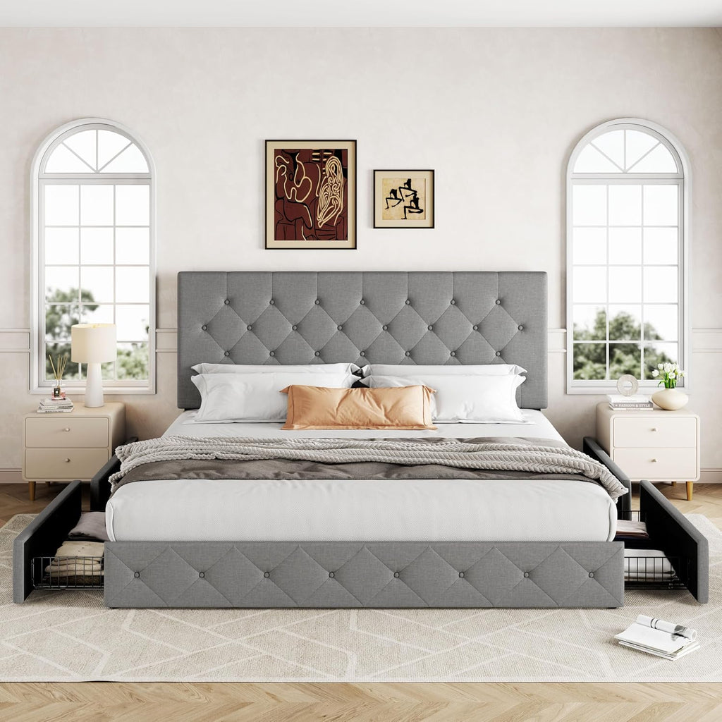 Allewie Upholstered King Size Platform Bed Frame with 4 Storage Drawers and Headboard, Diamond Stitched Button Tufted, Mattress Foundation with Wooden Slats Support, No Box Spring Needed, Light Grey