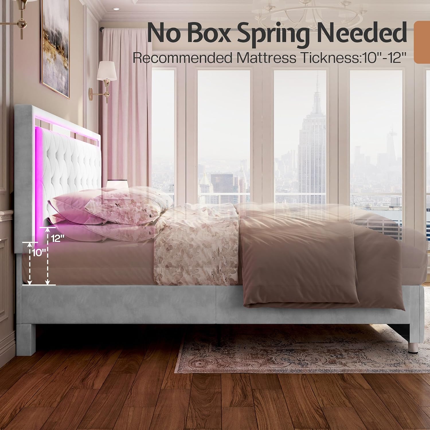 Jocisland Twin Bed Frame with LED Lights Headboard&Footboard, Velvet Upholstered Twin Size Platform Bed Frame No Box Spring Needed/White