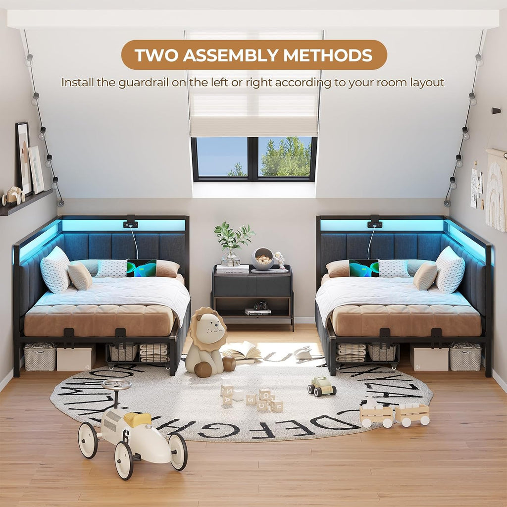 DICTAC Twin Corner Bed Frame with 2 Storage Drawers and Charging Station Twin Bed Frames with Storage and Led Lights Twin Size Daybed for Kids Teen with Upholstered Guardrail,No Box Spring Needed,Gray