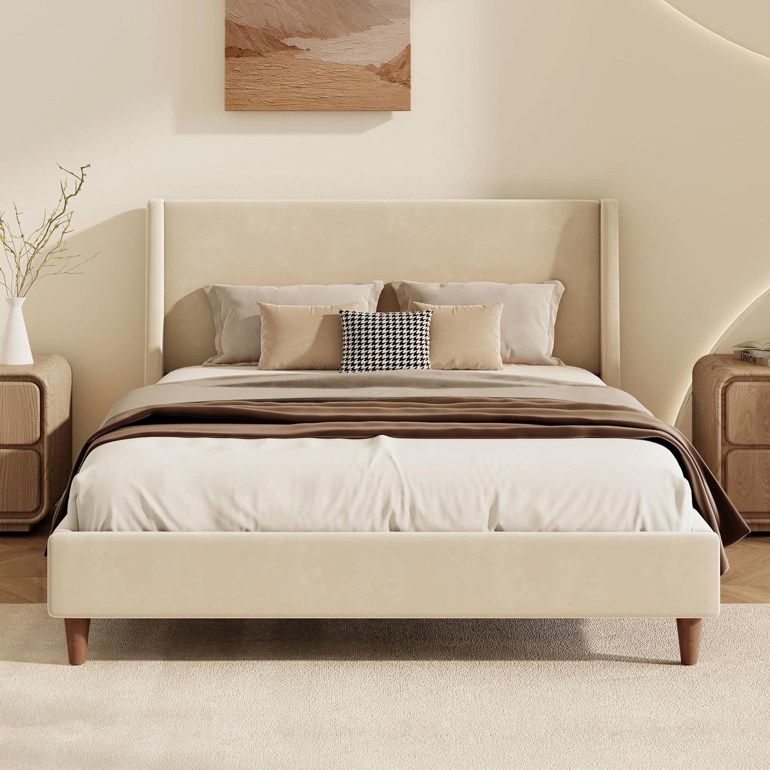 King Size Upholstered Platform Bed Frame, Modern Wingback Bed with Headboard, Upholstered Bed Frames with Walnut Wooden Legs, No Box Spring Needed/Easy Assembly, Beige Velvet