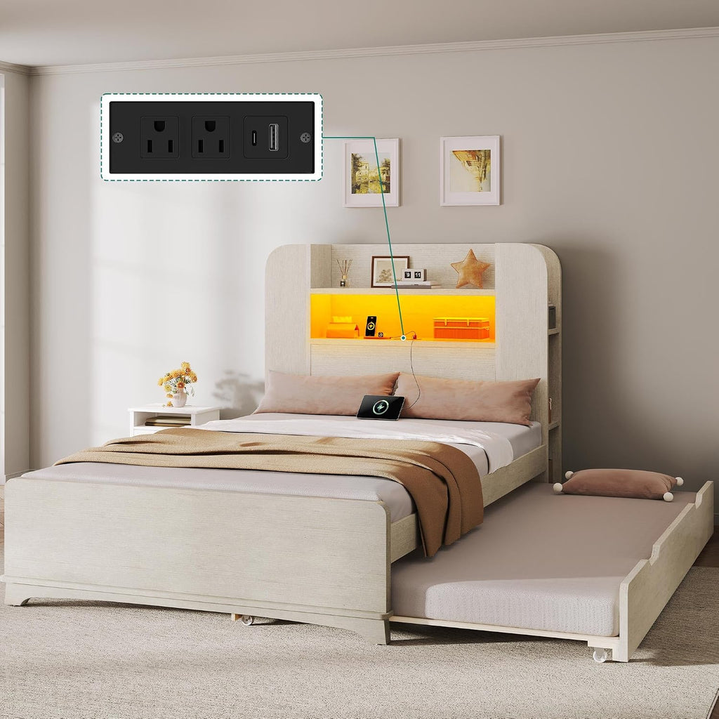YITAHOME Bed with Trundle, Twin Size Bed Frame with Bookcase Daybed Storage Headboard and Charging Station, RGB LED Lights Bed with Wooden Support for Bedroom, No Box Spring Needed, Noise Free, White
