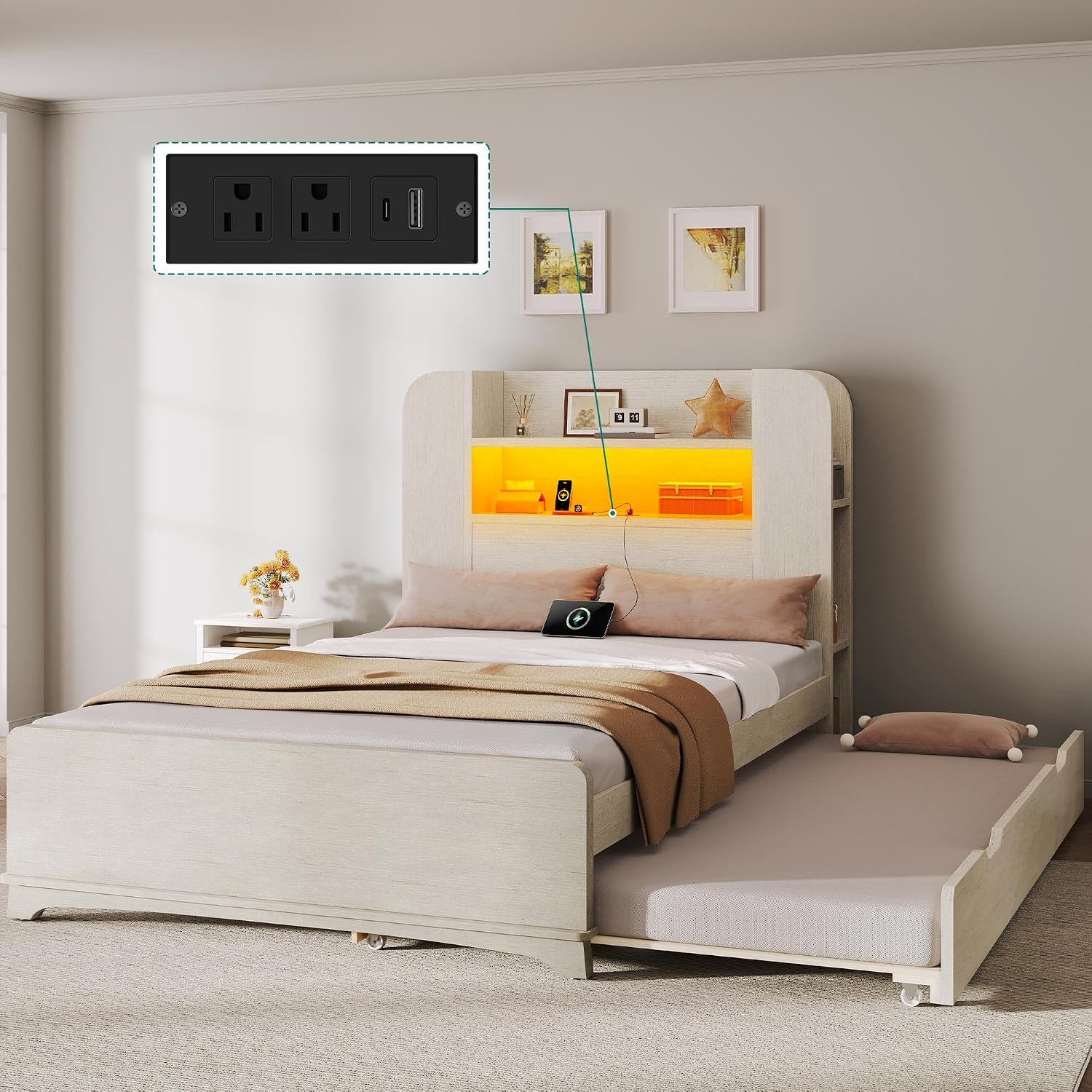 YITAHOME Bed with Trundle, Twin Size Bed Frame with Bookcase Daybed Storage Headboard and Charging Station, RGB LED Lights Bed with Wooden Support for Bedroom, No Box Spring Needed, Noise Free, White