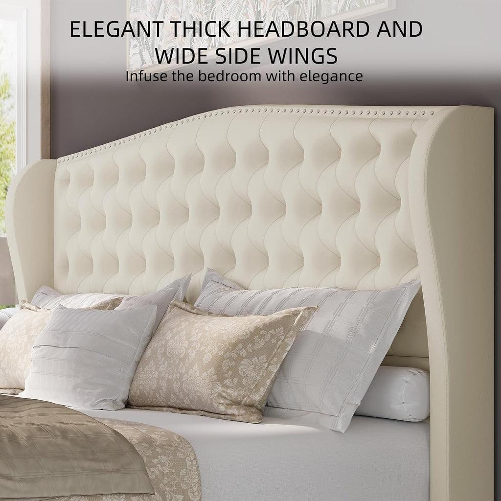 BRELTAM Upholstered King Size Bed Frame Velvet Beige Tufted Platform Bed Frame with Wingback Headboard & Footboard, with Deep Button Tufted & Nailhead Wooden Slats Support, No Box Spring Needed