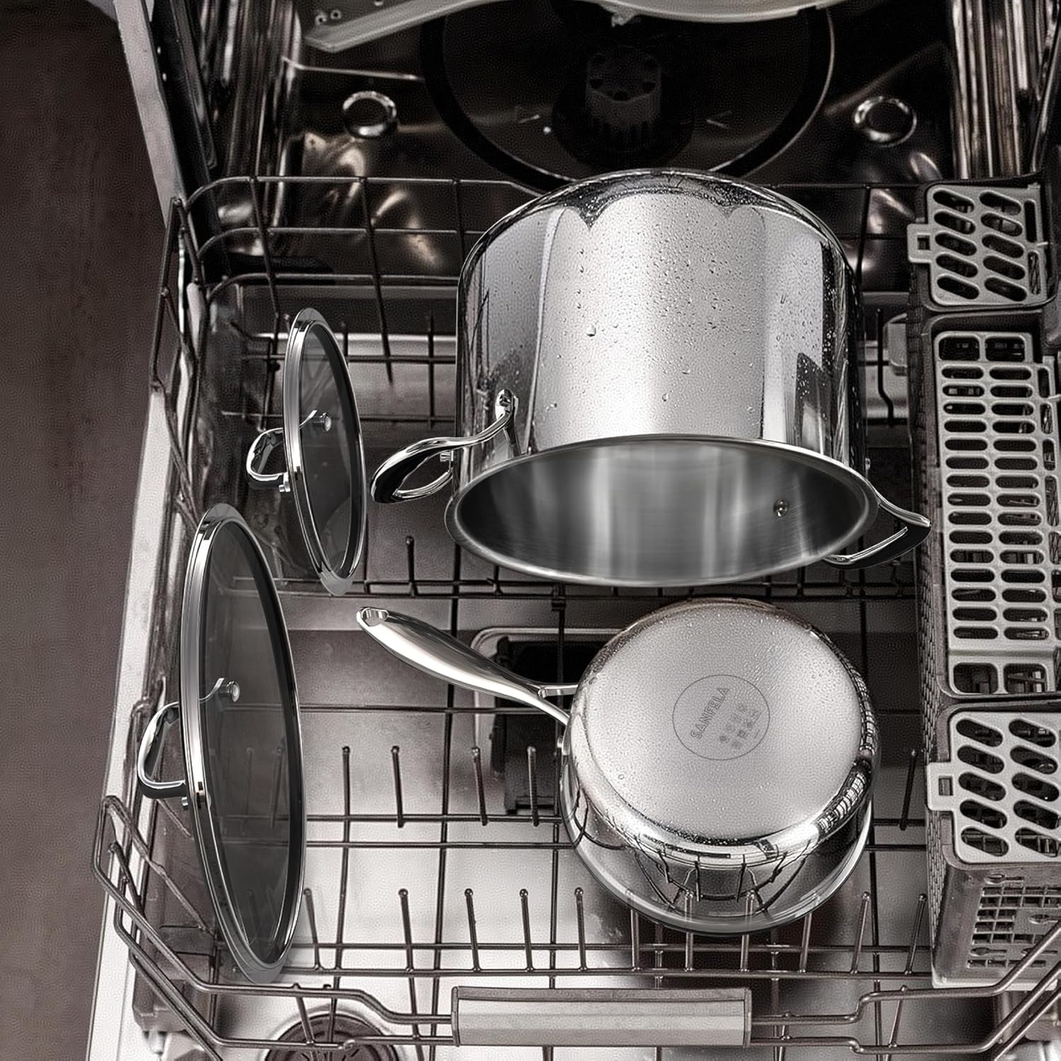 10 Piece Stainless Steel Pot and Pan Set, 5 Ply Clad, Includes Frying Pans, Saucepans, Saute Pan and Stock Pot, Compatible with All Cooktops, PTFE, PFAS and PFOA Free