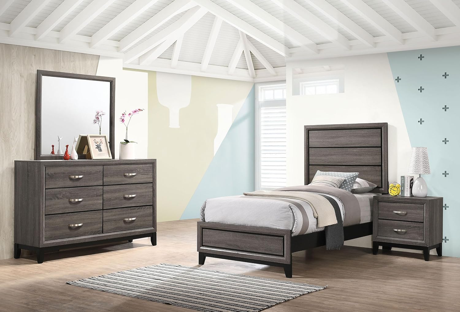 Coaster Home Furnishings - Watson - Wood - 4-Piece Bedroom Set with Panel Headboard and Groove Details - Bedroom - Twin Size - Gray Oak - 212421T-S4