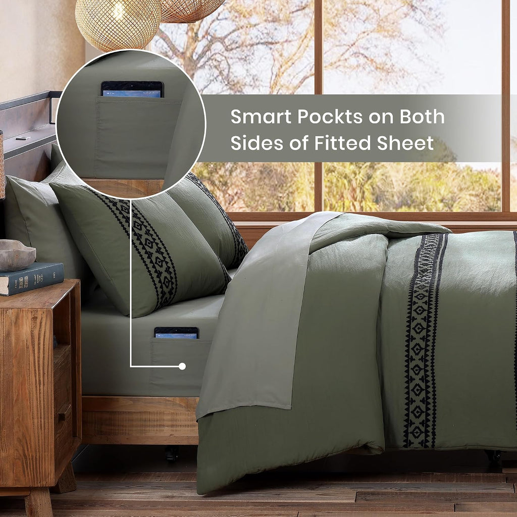 MaiRêve Super King Plus Comforter Set Dark Olive Green, Embroidery Western Boho Bedding Set 7 Pieces, All Season Farmhouse Bed in A Bag Comforter Set with Sheets, Pillowcases & Shams
