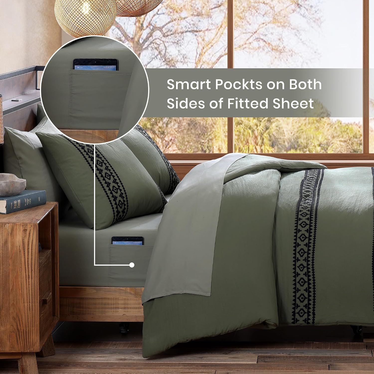 MaiRêve Super King Plus Comforter Set Dark Olive Green, Embroidery Western Boho Bedding Set 7 Pieces, All Season Farmhouse Bed in A Bag Comforter Set with Sheets, Pillowcases & Shams