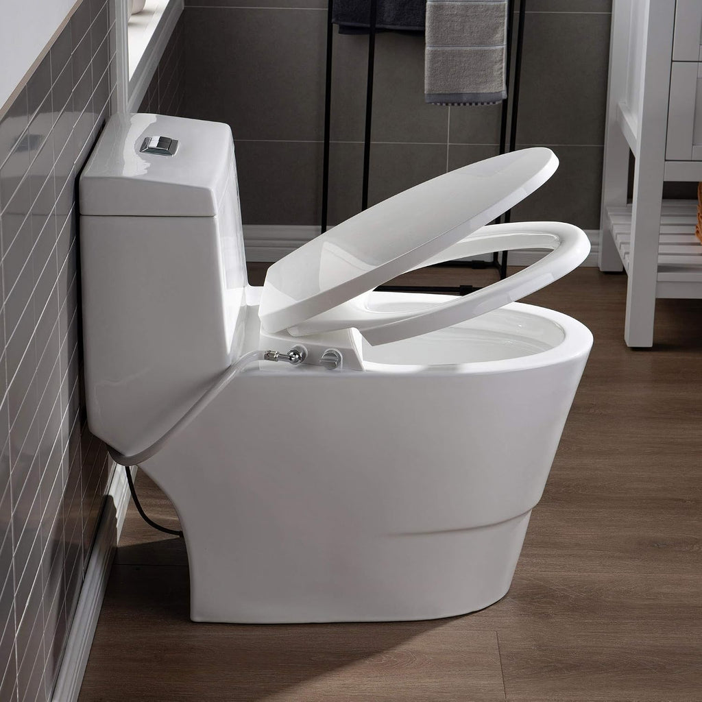 WOODBRIDGE One Piece 1.1GPF/1.6 GPF Dual Flush Elongated Toilet with Non-Electric Bidet Seat in White