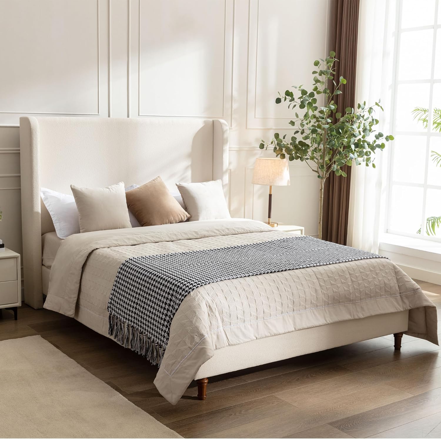 Upholstered Bed Frame King Size, 54' Tall Headboard Wingback Upholstered Platform Bed Frame for Adults Bedroom Strong Wood Slats Support/No Box Spring Needed/Easy Assembly, Beige