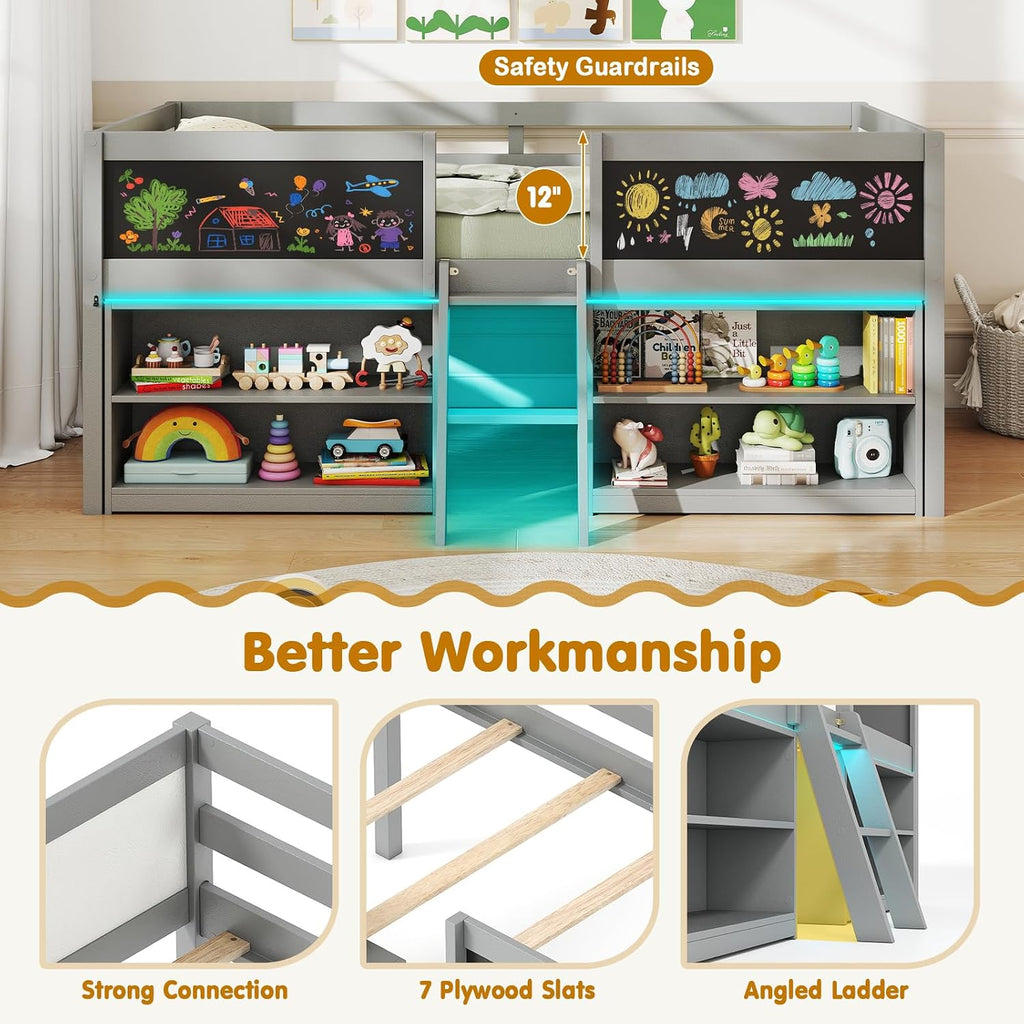 Giantex Low Loft Bed with LED Lights, Wooden Twin Size Loft Bed with Ladder & Blackboard, Twin Bed Frames for Kids with Storage 2 Bookcases and Play Space, Grey