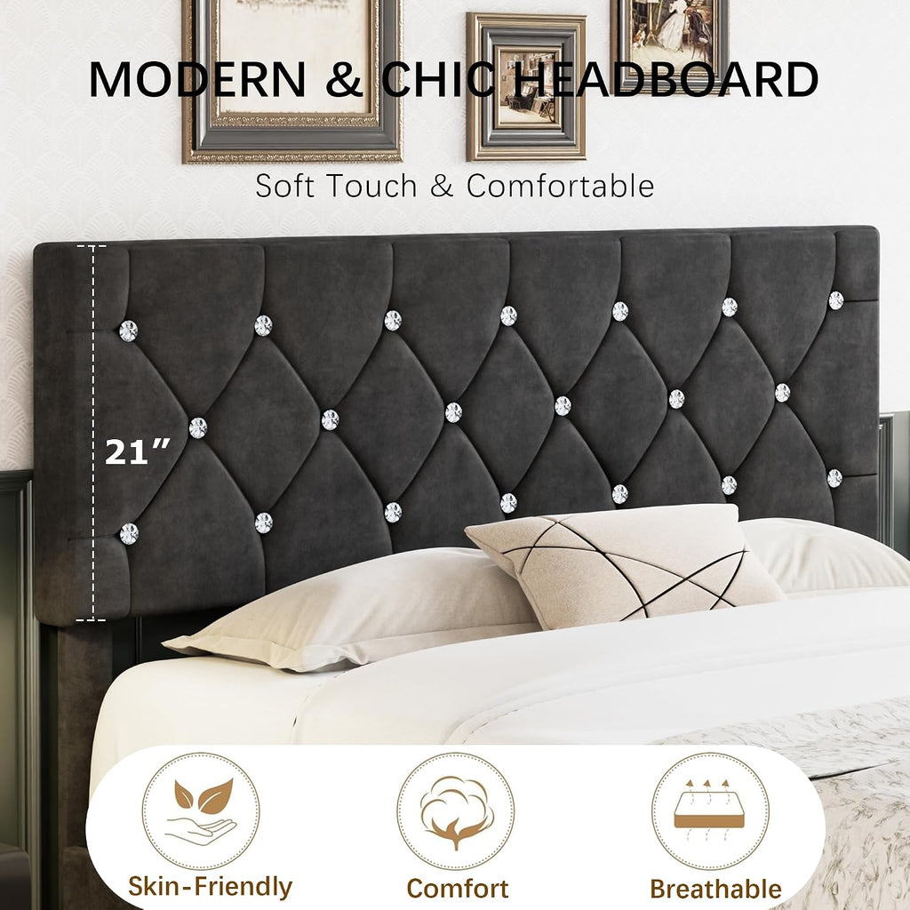 VECELO Queen Size Bed Frame, Upholstered Platform with Adjustable Diamond Tufted Headboard, Wood Slat Support, No Box Spring Needed, Velvet & Black
