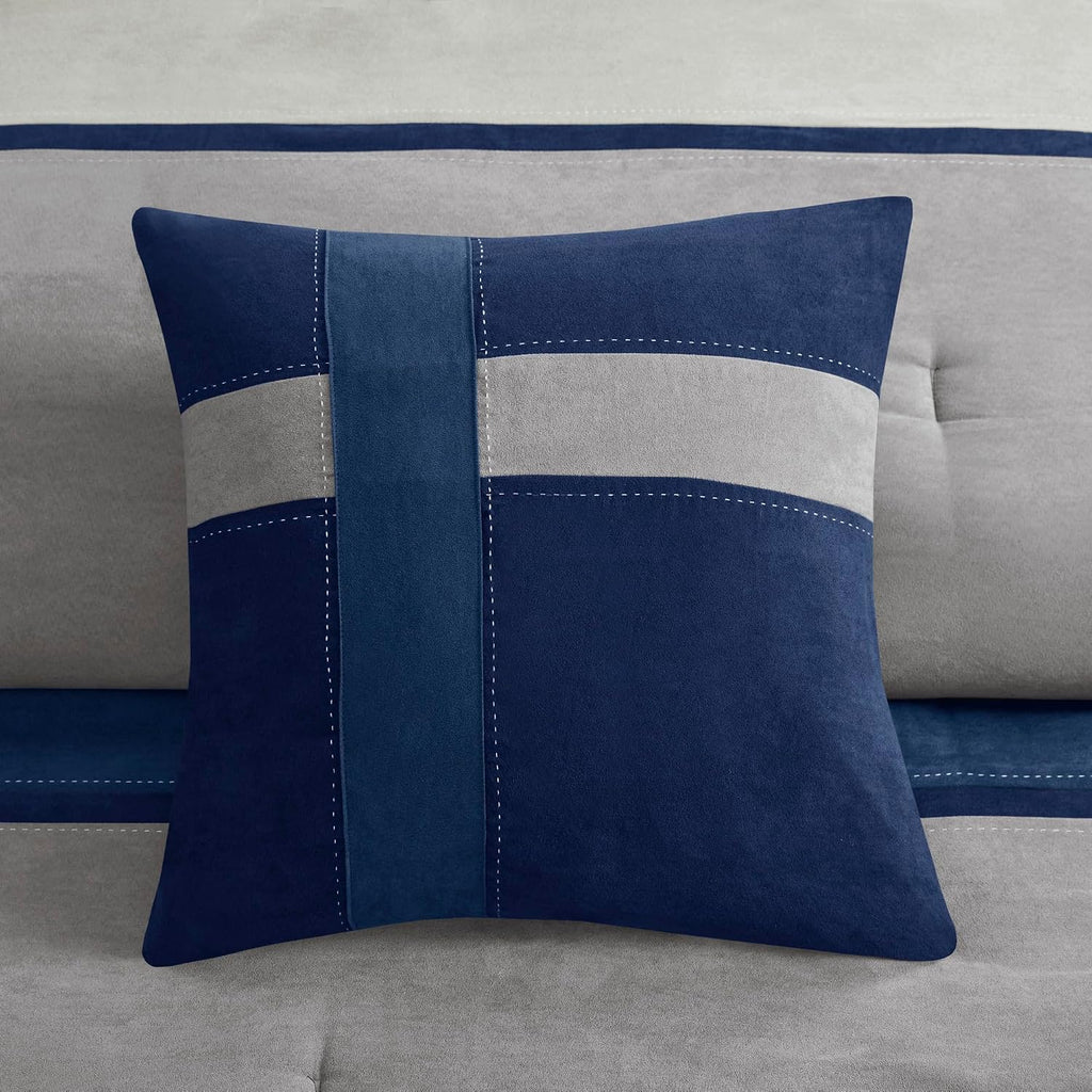 Madison Park Palisades Comforter Set Modern Faux Suede Pieced Stripe Design, All Season Down Alternative Cozy Bedding with Matching Shams, Decorative Pillows, King(104'x92'), Blue 7 Piece