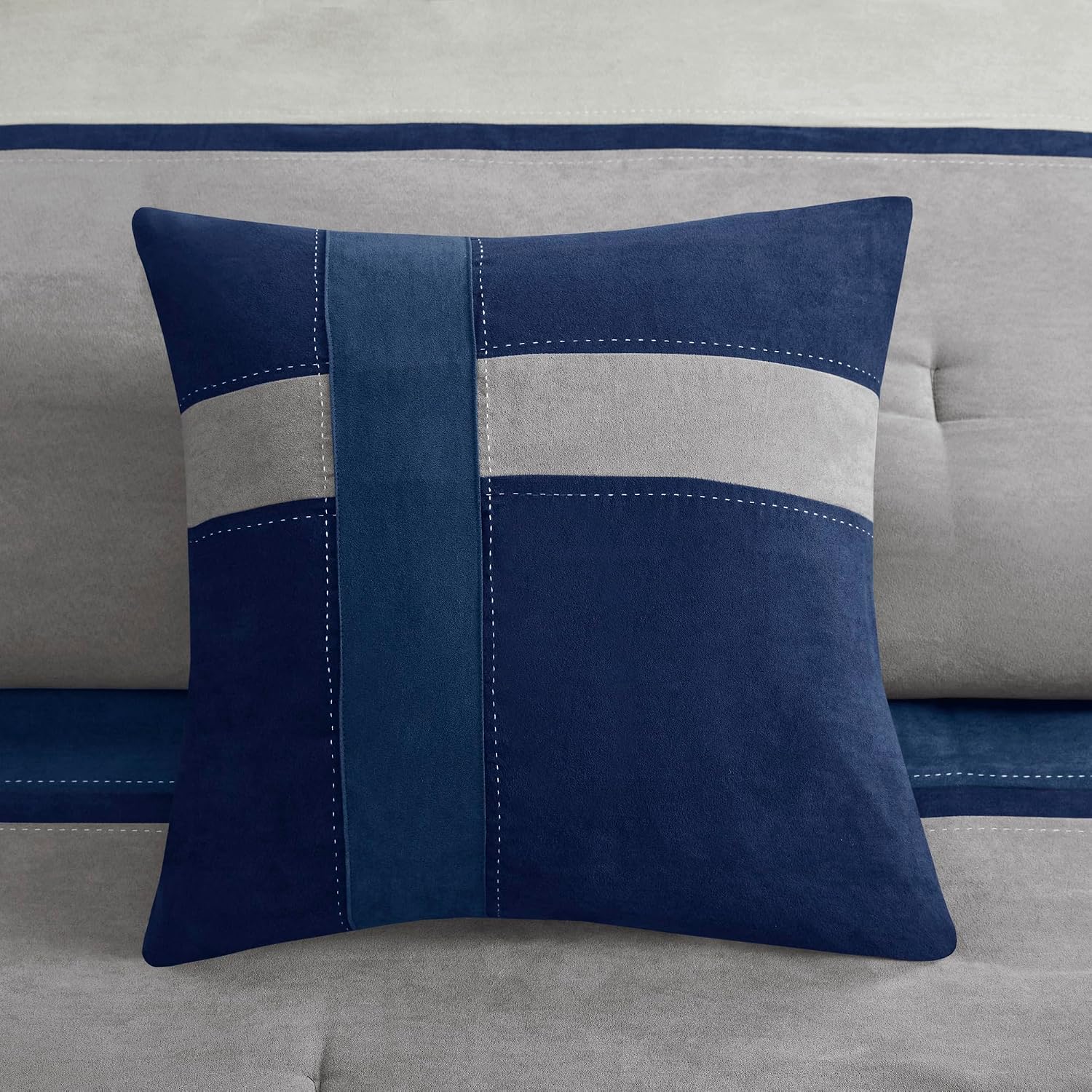 Madison Park Palisades Comforter Set Modern Faux Suede Pieced Stripe Design, All Season Down Alternative Cozy Bedding with Matching Shams, Decorative Pillows, King(104'x92'), Blue 7 Piece