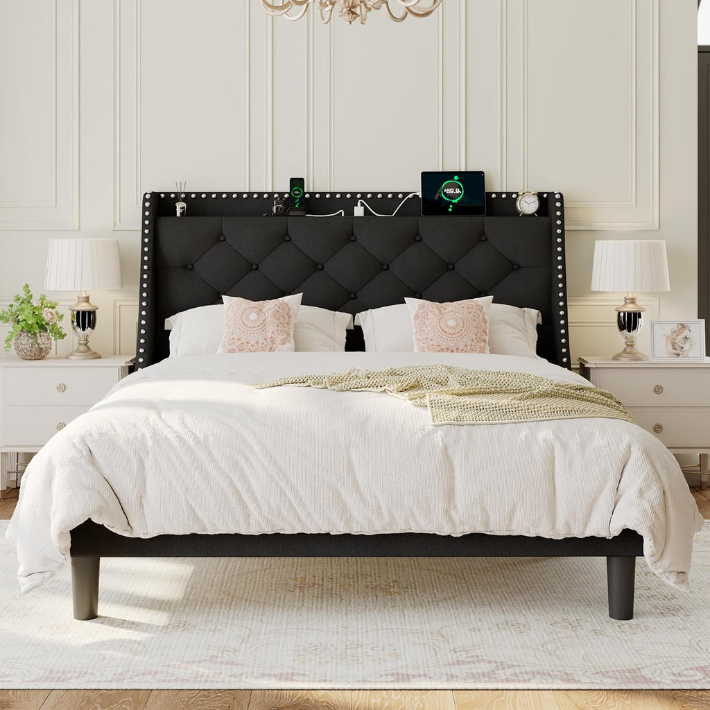 Einhomn Full Size Bed Frame with Wingback Button Tufted Storage Headboard and Type AC Ports, Upholstered Platform Bed, Wooden Slats Support, No Box Spring Needed, Noise-Free, Black